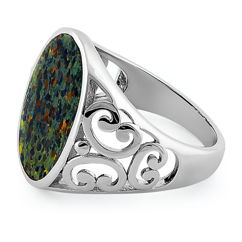 Sterling Silver Extravagant Green-Black Lab Opal Ring