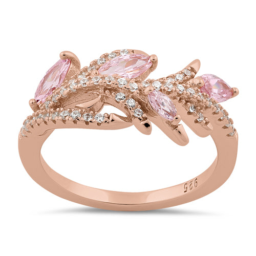 Sterling Silver Rose Gold Plated Vine Leaves Pink CZ Ring