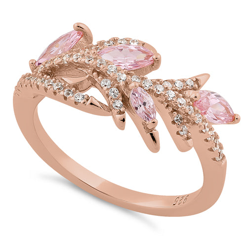 Sterling Silver Rose Gold-Plated Vine Leaves Pink CZ Ring