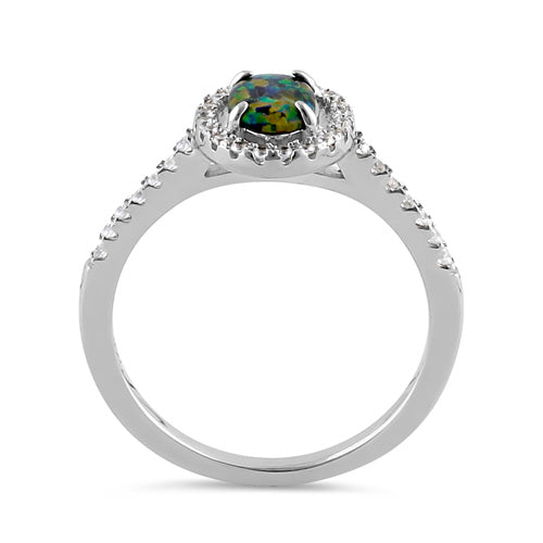Sterling Silver Green-Black Lab Opal and Clear CZ Oval Halo Ring