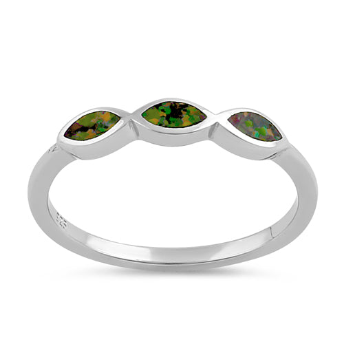 Sterling Silver Triple Marquise Green-Black Lab Opal Ring
