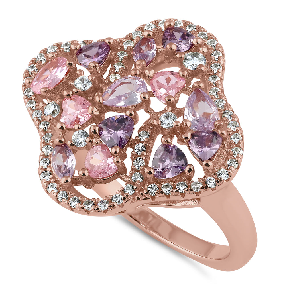Sterling Silver Rose Gold Plated Pink and Lavender CZ Clover Cluster R