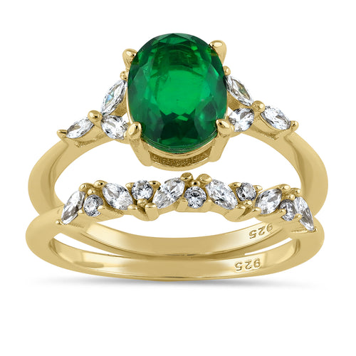 Sterling Silver Gold-Plated Green CZ Engagement Ring Set
