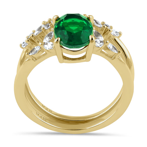 Sterling Silver Gold-Plated Green CZ Engagement Ring Set