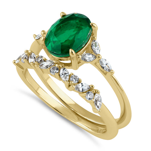 Sterling Silver Gold-Plated Green CZ Engagement Ring Set