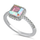 Sterling Silver Halo Iridescent Rainbow CZ Ring
