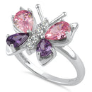 Sterling Silver Large Pink and Purple CZ Butterfly Ring