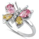 Sterling Silver Large Pink and Yellow CZ Butterfly Ring