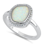 Sterling Silver Unique White Lab Opal Offset Halo CZ Ring