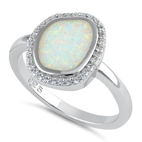 Sterling Silver Unique White Lab Opal Offset Halo CZ Ring
