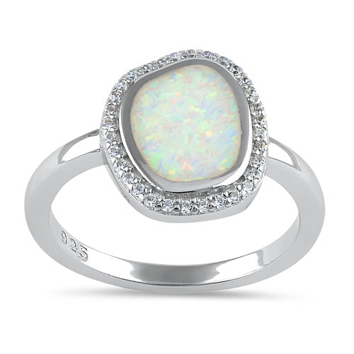 Sterling Silver Unique White Lab Opal Offset Halo CZ Ring