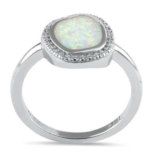 Sterling Silver Unique White Lab Opal Offset Halo CZ Ring