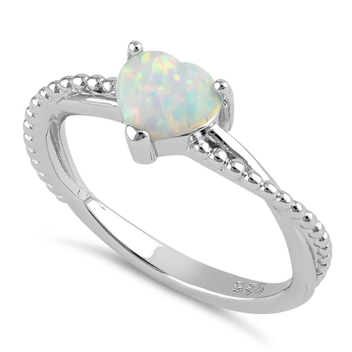 Sterling Silver White Lab Opal Heart Beaded Twist Ring