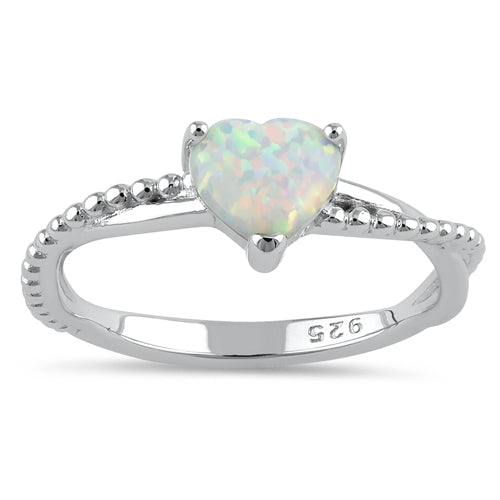 Sterling Silver White Lab Opal Heart Beaded Twist Ring