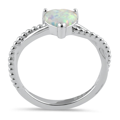 Sterling Silver White Lab Opal Heart Beaded Twist Ring
