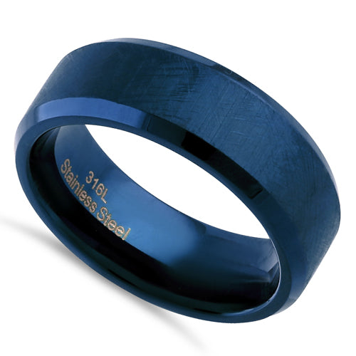 Stainless Steel Men's Blue Textured with Polish Edges Band Ring