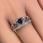 Sterling Silver Heart Crown Blue Sapphire CZ Ring