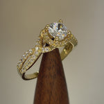 Solid 14K Yellow Gold Twist Round Halo Engagement Clear CZ Ring