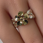 Solid 14K Yellow Gold & Sterling Silver Triple Plumeria Ring