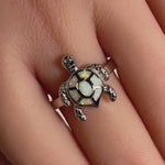 Sterling Silver Turtle White Lab Opal Ring
