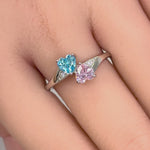 Sterling Silver Double Heart Pink & Aquamarine CZ Ring