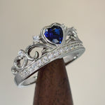 Sterling Silver Heart Crown Blue Sapphire CZ Ring