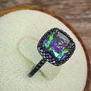 Sterling Silver Black Rhodium Cushion Cut Rainbow CZ Ring