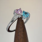 Sterling Silver Double Heart Pink & Aquamarine CZ Ring