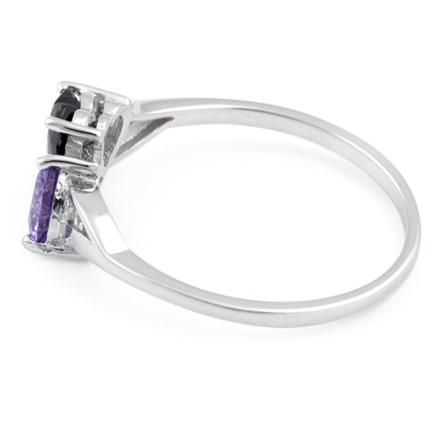 Sterling Silver Double Heart Dark Violet Blue & Black CZ Ring