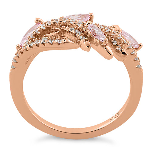 Sterling Silver Rose Gold-Plated Vine Leaves Pink CZ Ring