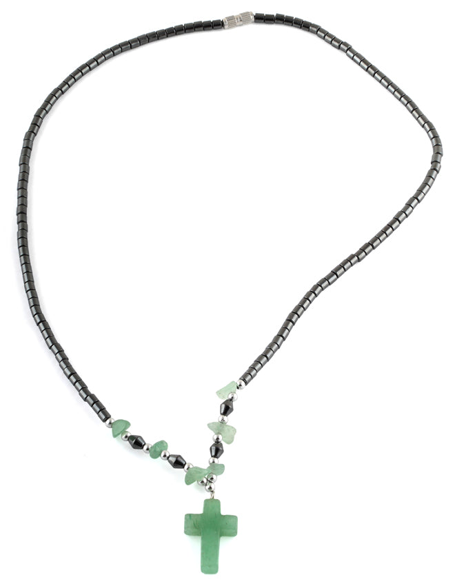 18" Green Aventurine Cross Stone Hematite Necklace
