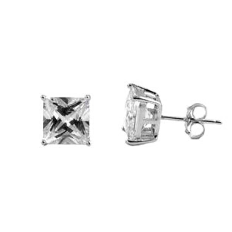 Sterling Silver CZ Square Stud Earrings 9MM - Casting