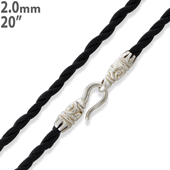 20" Black Twisted Leather Necklace 2mm w/ Sterling Silver Bali Lock