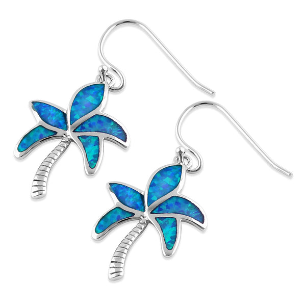 Sterling Silver Blue Opal Palm Tree Hook Earrings