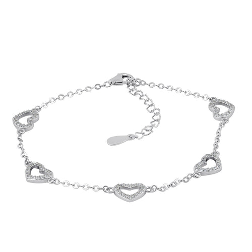 Sterling Silver Clear CZ Heart Charm Bracelet