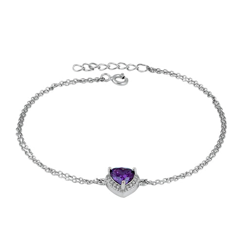 Sterling Silver Amethyst and Clear CZ Heart Halo Bracelet