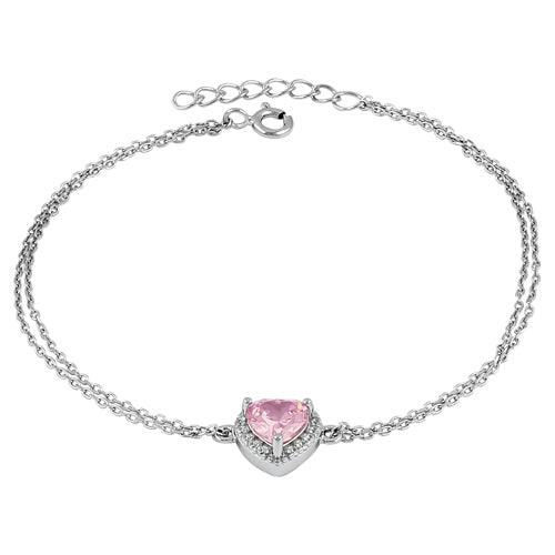 Sterling Silver Pink and Clear CZ Heart Halo Bracelet