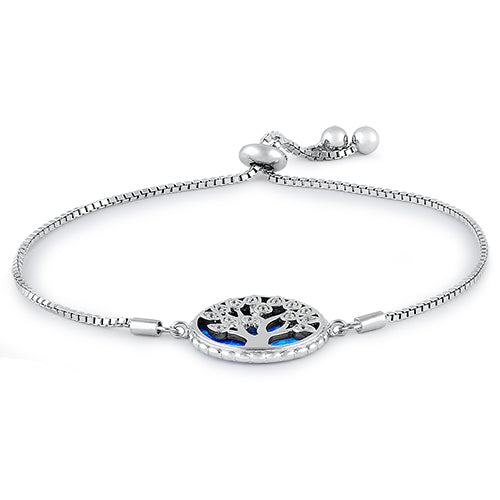 Sterling Silver Adjustable Tree of Life Blue Lab Opal & Clear CZ Box Chain Bracelet