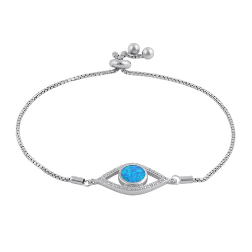 Sterling Silver Clear CZ and Blue Opal Evil Eye Box Bracelet