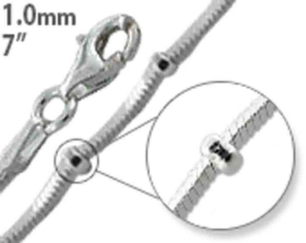 Sterling Silver 7" Square Snake Beaded Chain Bracelet - 1.0MM