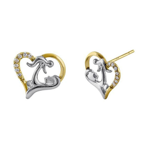 Solid 14K Yellow Gold Mother and Child Diamond Earrings