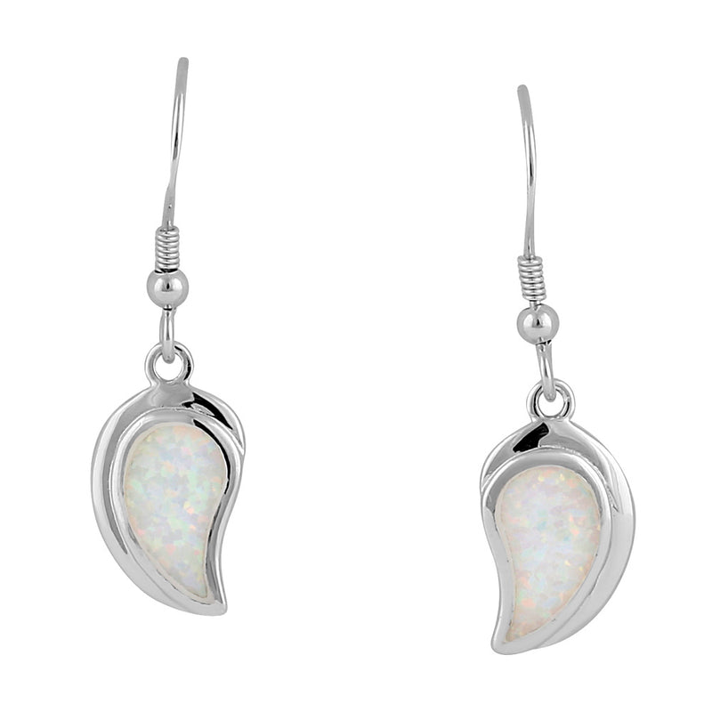 Sterling Silver White Lab Opal Leaf Hook Earrings