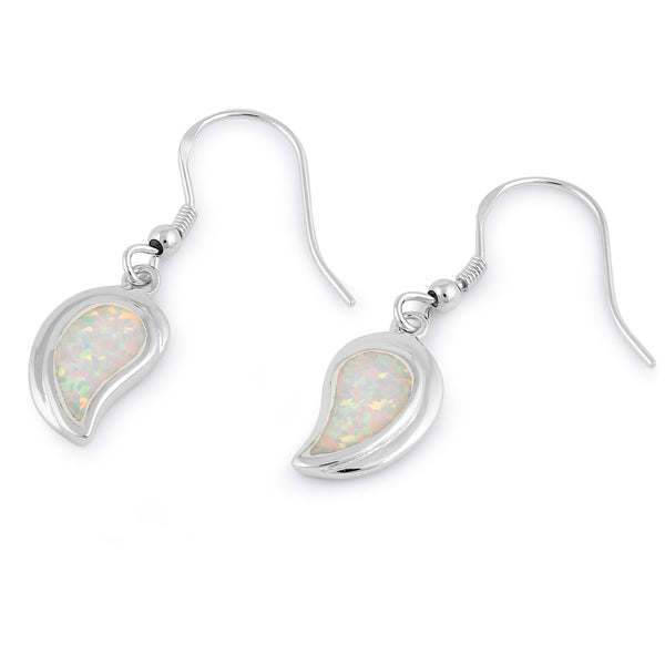 Sterling Silver White Lab Opal Leaf Hook Earrings