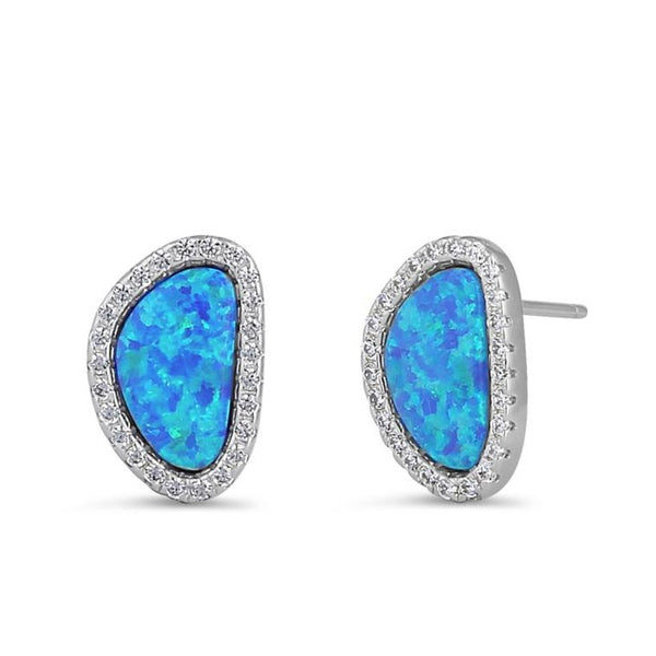 Sterling Silver Blue Lab Opal & Clear CZ Offset Stud Earrings