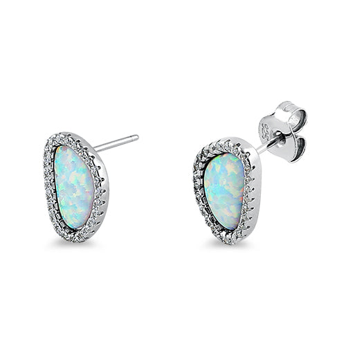 Sterling Silver White Lab Opal & Clear CZ Offset Stud Earrings