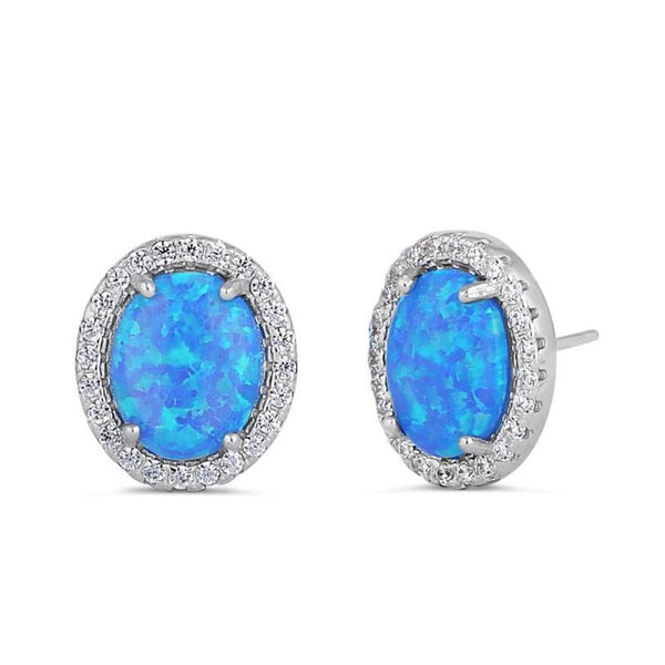 Sterling Silver Blue Lab Opal & Clear CZ Oval Stud Earrings
