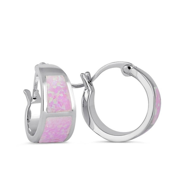 Sterling Silver Wide Pink Lab Opal Loop Earrings