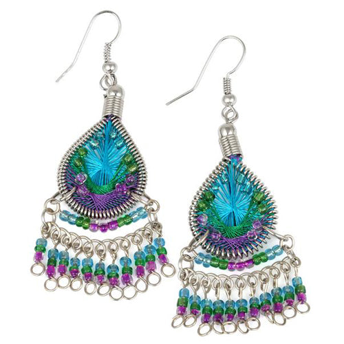 Stainless Steel Peruvian Turquoise, Green, Purple Silk Thread Beaded Dangle Earrings