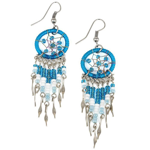 Stainless Steel Dreamcatcher Blue Beaded Dangle Earrings