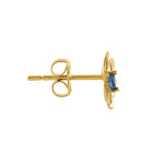 Solid 14K Yellow Gold Retro Flower Blue Sapphire CZ Earrings